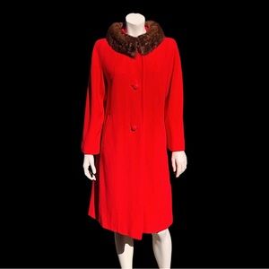 60s RED Wool FUR Collar Swing Coat M L / Vintage 1960s MCM